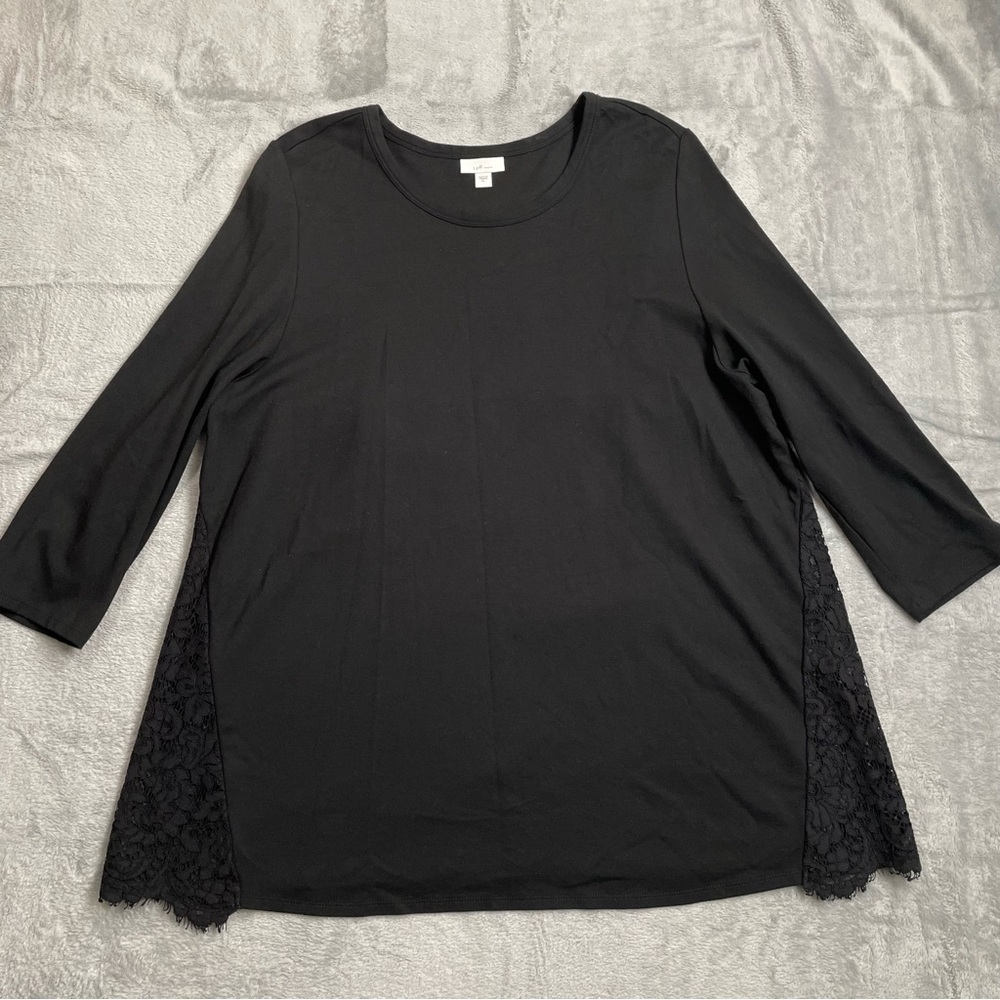 J.Jill Top XL Ponte Knit Tunic Black Lace Panel 3/4 Sleeve